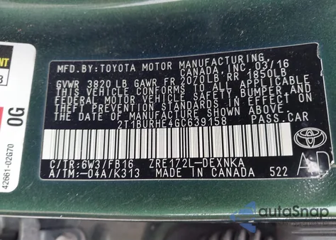 2016 Toyota Corolla Le Plus z USA, uszkodzony, nr VIN 2T1BURHE4GC639158